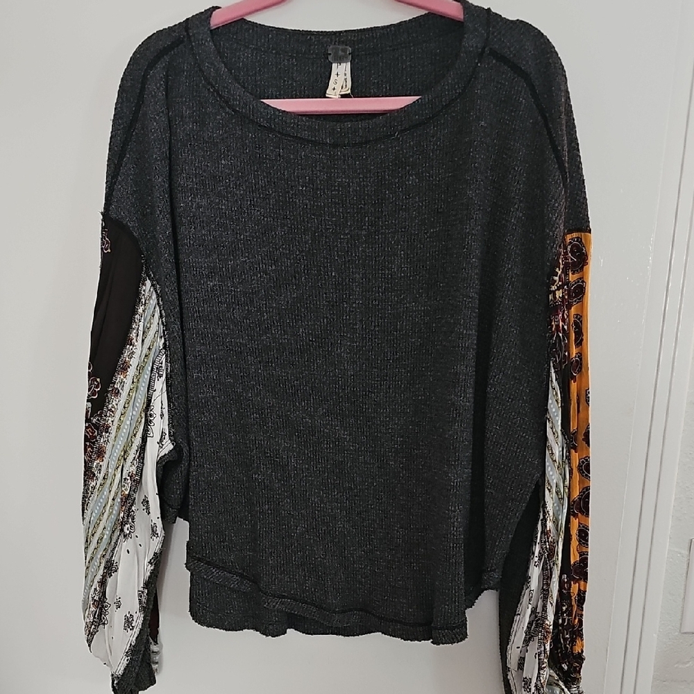 We The Free Charcoal Thermal with Multicolor Patterned Sleeves